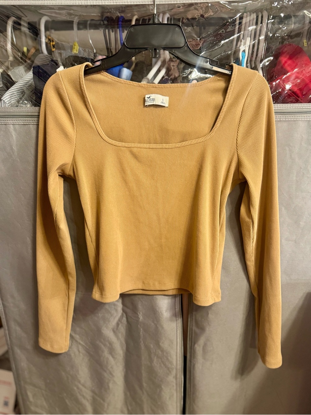 Holster Square-Neck Ribbed Long-Sleeve Top in Camel Large